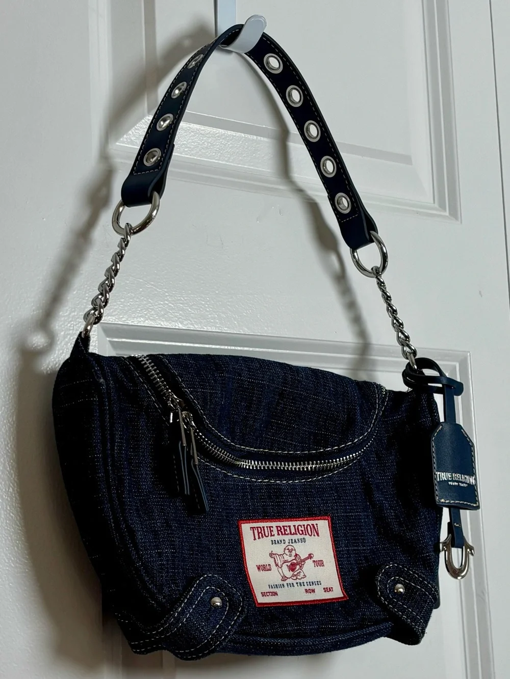 True Religion Denim Classic Logo Grommet Chain Strap Hobo Handbag